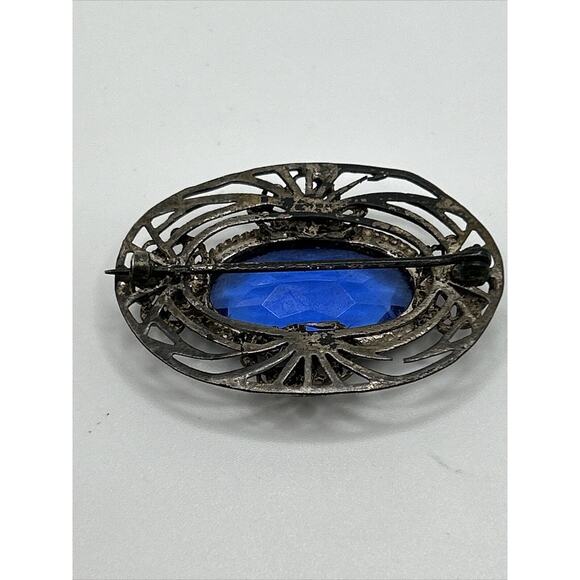 Vintage Cobalt Blue Glass Oval Brooch Pin Metal Unsigned - Picture 7 of 10